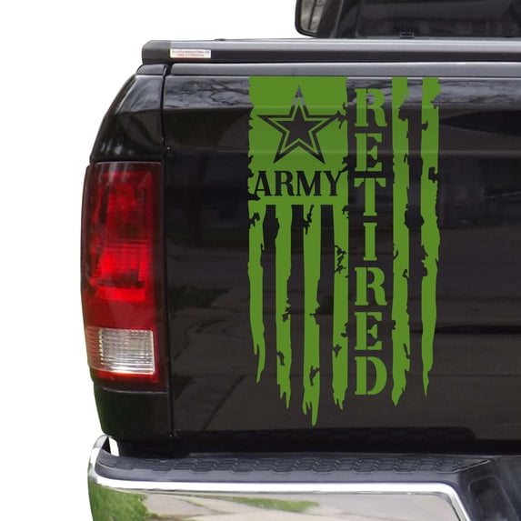 Veteran Army Retired Distressed American USA US Flag Truck Tailgate Vinyl Decal Compatible with most Pickup Trucks - U.S. Army Sticker USAF USMC US Navy Decal (11" x 20", Lime-Tree Green)
