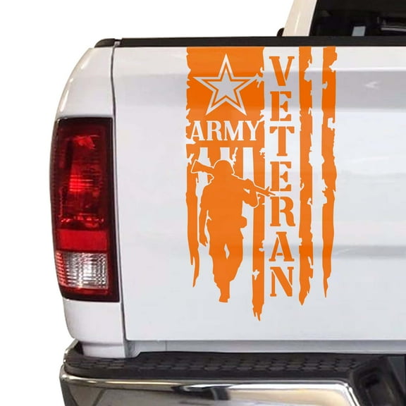 Veteran Army Retired Soldier Distressed American USA US Flag Truck Tailgate Vinyl Decal Compatible with most Pickup Trucks U.S. Army Sticker USAF USMC US Navy Decal (11" x 20", Light Orange)