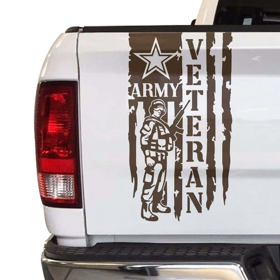 Veteran Army Retired Soldier Distressed American USA US Flag Truck Tailgate Vinyl Decal Compatible with Most Pickup Trucks U.S. Army Sticker USMC USAF US Navy Decal (11" x 20", Brown)