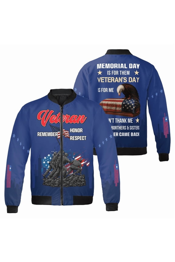 Veteran Bomber Jacket for Men – “Remember Honor Respect” Memorial Day & Veteran's Day Tribute – Patriotic USA Flag & Eagle Military Outerwear