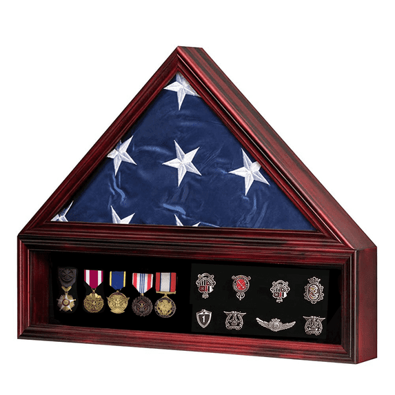 Veteran Burial Flag Display Case American Flag Solid Wood Display Case Fits a 5 X 9.5 Flag Folded Military Shadow Box with Felt Lining Holder for Pins Insignia Medals Challenge Coins, Cherry