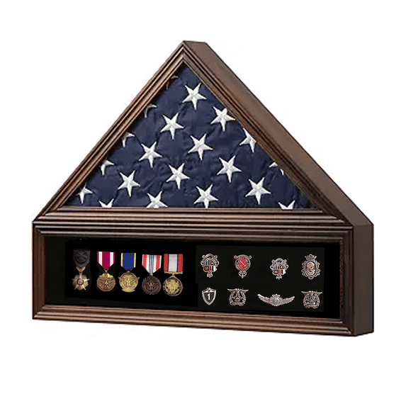 Veteran Burial Flag Display Case American Flag Solid Wood Display Case Fits a 5 X 9.5 Flag Folded Military Shadow Box with Felt Lining Holder for Pins Insignia Medals Challenge Coins, Walnut