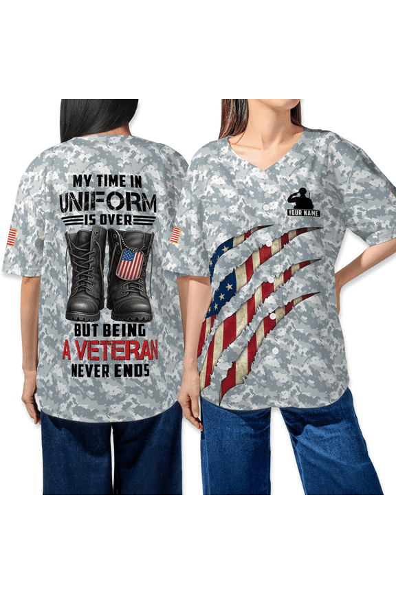 Veteran Camo Baseball Jersey – "My Time in Uniform is Over" Shirt – Patriotic Military Veteran Gift – Custom Name USA Flag Camouflage Tee