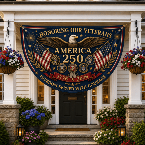 Veteran Flag Patriotic Porch Banner, America 250th Anniversary Bunting Decor