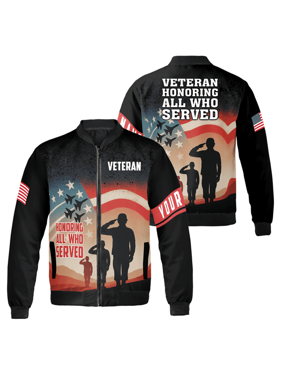 Veteran Honoring All Who Served Bomber Jacket – Patriotic American Flag Military Tribute – Saluting Soldier Zip-Up Jacket for Men & Women