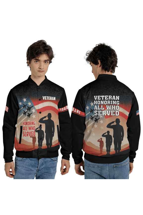 Veteran Honoring All Who Served Jacket, Patriotic Military Silhouette American Flag Baseball Jacket, Patriotic Military Coat