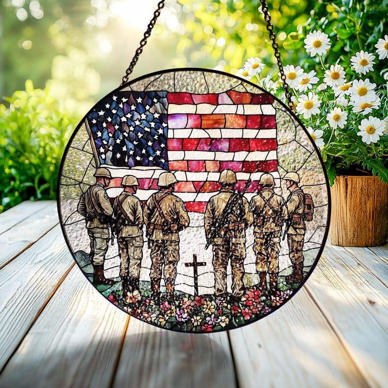 Veteran Memorial Stained Glass Suncatcher, U.S. Soldiers with American ...