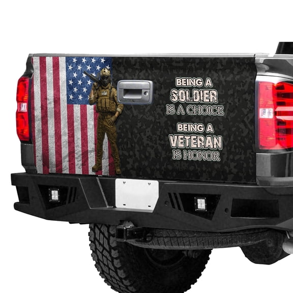 Veteran Pride American Flag Tailgate Wrap – Patriotic Soldier Tribute Truck Tailgate Decal, Military Honor Pickup Tailgate Graphic
