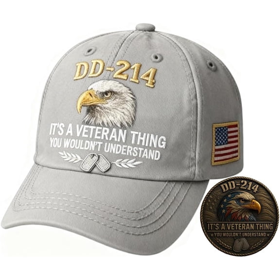 Veteran Pride DD-214 Military Baseball Cap and Commemorative Coin Set, A Gift for Patriotic Retired Soldiers and Veterans Day