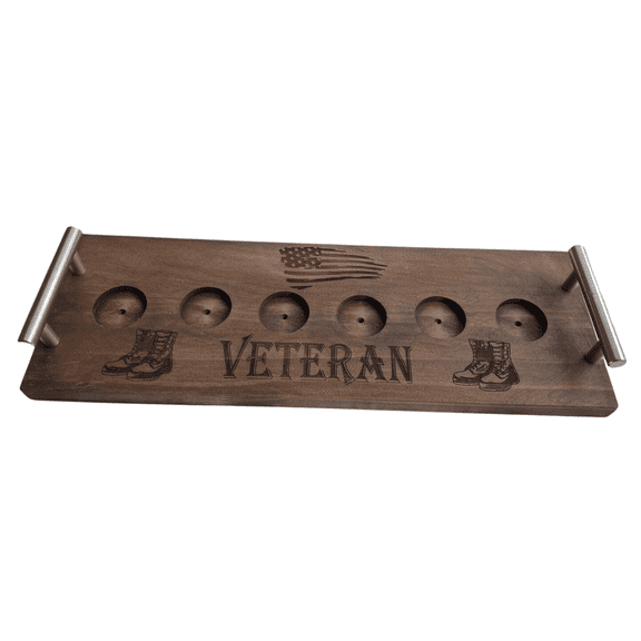 Veteran Shot Glass Flight Board  16"x5.5" Rustic Pine Whiskey Tasting Tray with Stainless Steel Handles, Engraved American Flag & Boots, QR Code Bourbon Recipe Book  Military Gift