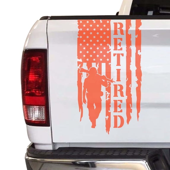 Veteran Soldier Retired Distressed American USA US Flag Truck Tailgate Vinyl Decal Compatible with most Pickup Trucks U.S. Army Sticker USAF USMC US Navy Decal (11" x 20", Coral)