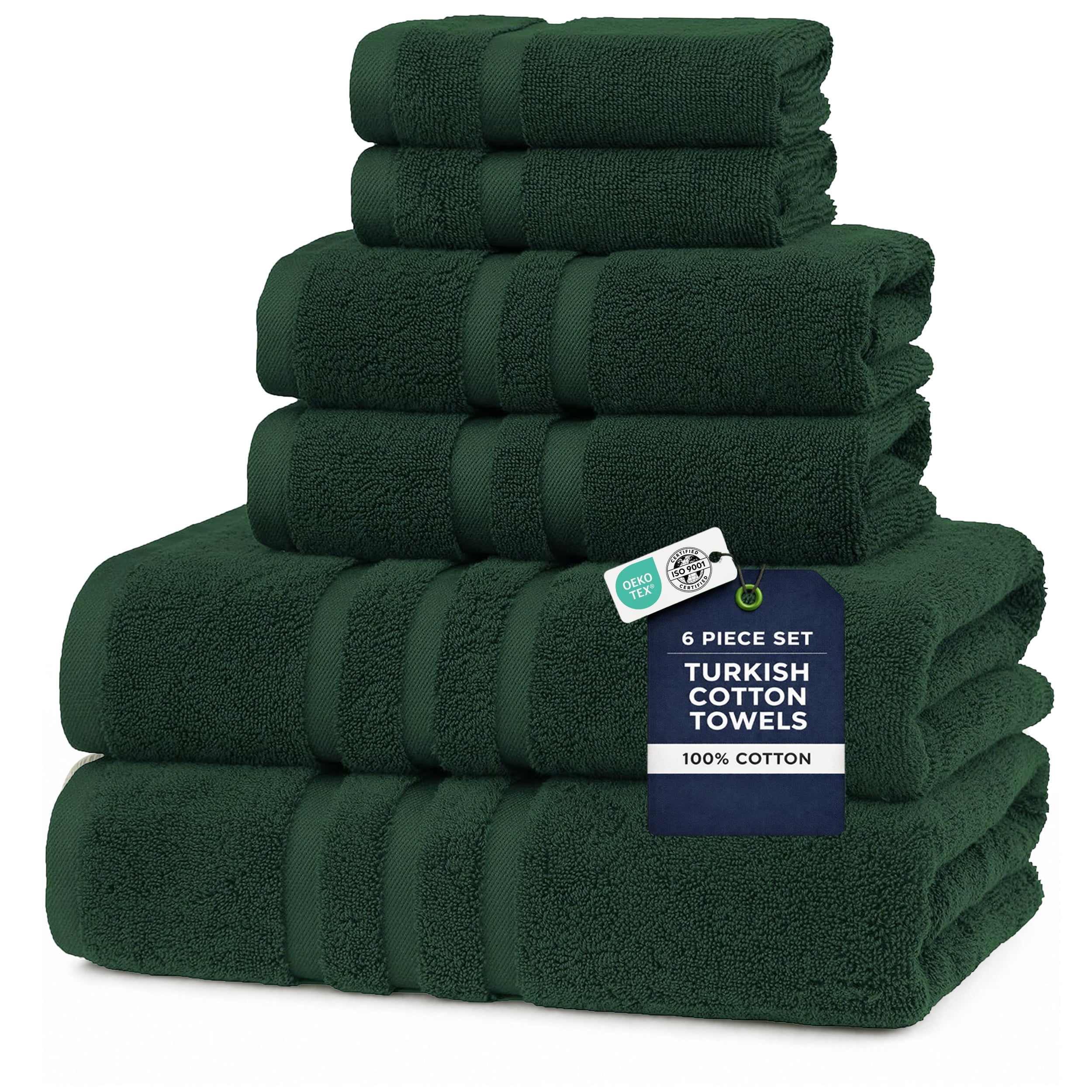 Veteran Textile Towels - 6 Pieces-100% Turkish Cotton - Luxury Towel Set for Bathroom & Kitchen, 2 Bath Towels, 2 Hand Towels & 2 WashCloths ( Valued $79.99 ) (Dark Green )