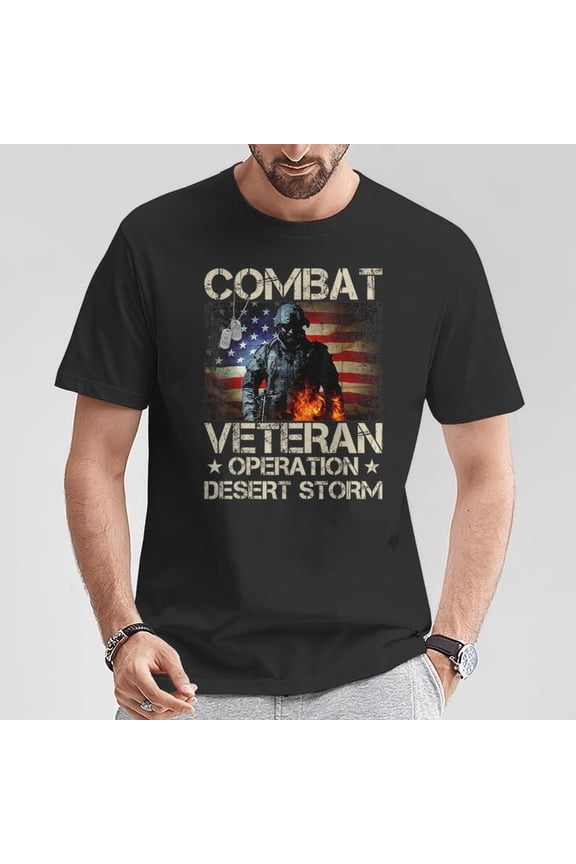 A Veteran USA Flag Combat Operation Desert Storm Graphic Tee for Unisex Adults, Soft Cotton Patriotic-Themed Top for Casual Outfits, Military Pride, and Everyday Wear, Size 3XL, Color Black