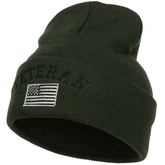 Veteran USA Flag Embroidered Long Beanie - Olive OSFM