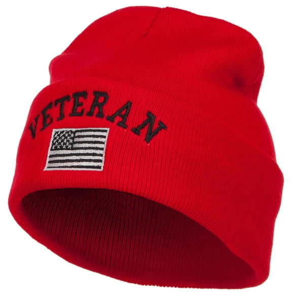Veteran USA Flag Embroidered Long Beanie - Red OSFM