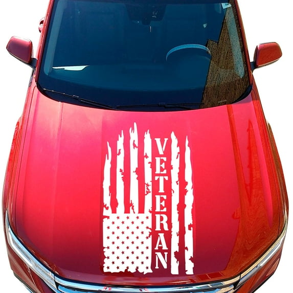 Veteran Vietnam Retired Distressed American USA US Flag Hood Vinyl Decal Sticker Compatible with most Pickup Trucks U.S. Army Sticker USAF USMC US Decal (23" x 36", White)