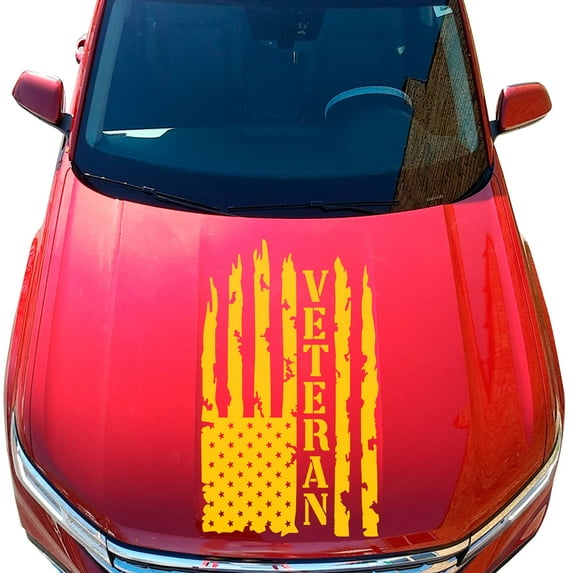 Veteran Vietnam Retired Distressed American USA US Flag Hood Vinyl Decal Sticker Compatible with most Pickup Trucks U.S. Army Sticker USAF USMC US Decal (23" x 36", Yellow)