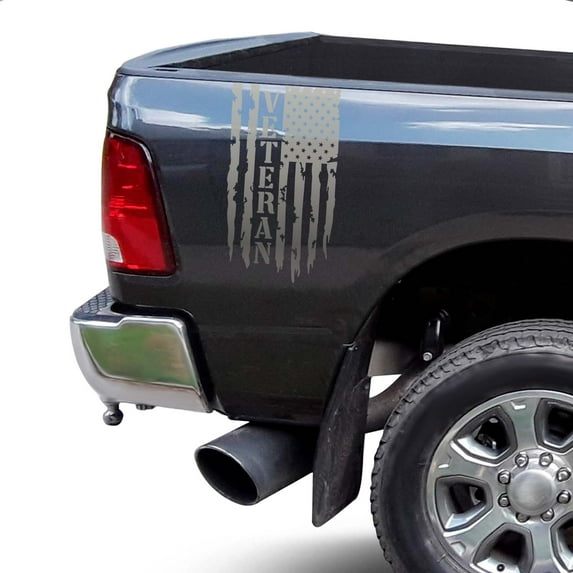 Veteran Vietnam Retired Distressed American USA US Flag Rear Truck Bed Vinyl Decal fits most Pickup Trucks U.S. Army Sticker USAF USMC US Navy Decal (Set of 2, 11" x 20", Silver Gray (Metallic))