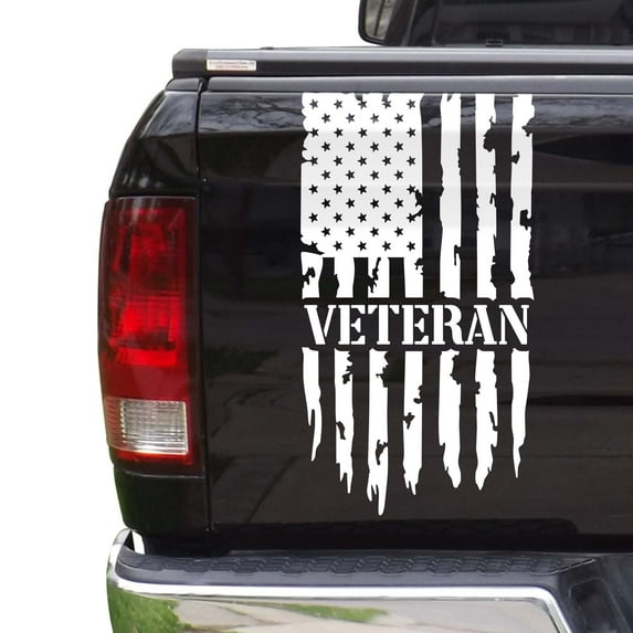 Veteran Vietnam Retired Distressed American USA US Flag Truck Tailgate Vinyl Decal Compatible with most Pickup Trucks – U.S. Army Sticker USAF USMC US Navy Decal (11" x 20", White)