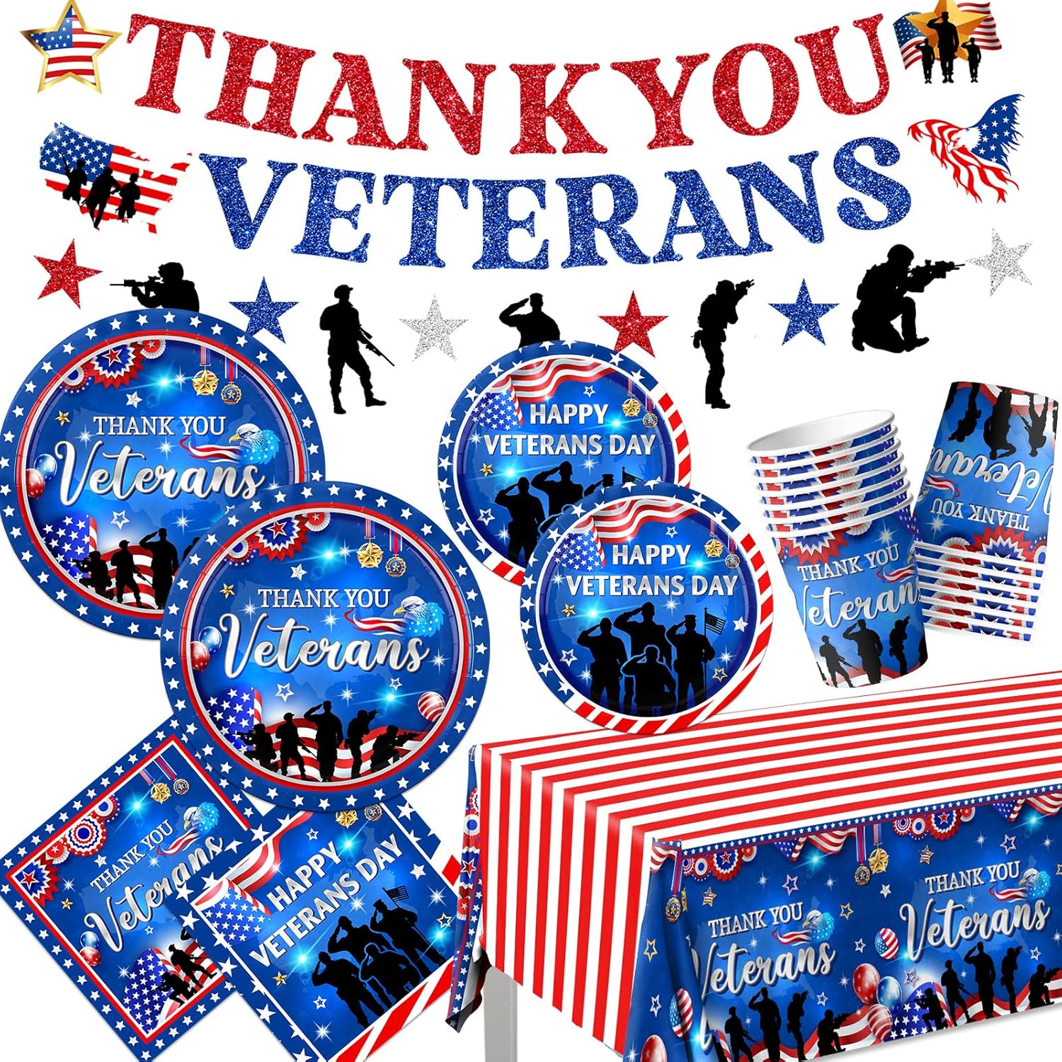 PHYSUN-Veterans Day Decorations Tableware, 142Pcs Happy Veteran Day
