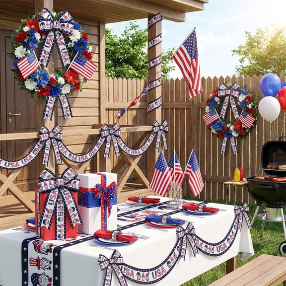 Veterans Day Ribbons for Crafting, 2.5" X 5.5 Yards Patriotic Wired Edge Ribbon American Stripes Stars Burlap Ribbons Memorial Day Decorations Craft Ribbon Bows for Gift Wrapping