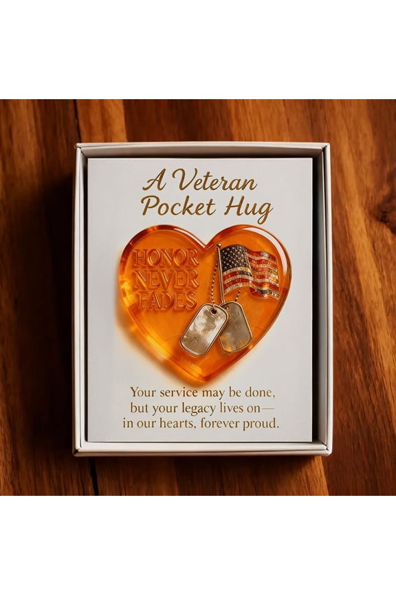 Veterans Pocket Hugs Keepsake - Acrylic Military Tribute with Embedded Flag & Dog Tags, Durable & Portable Gift for Veterans Day