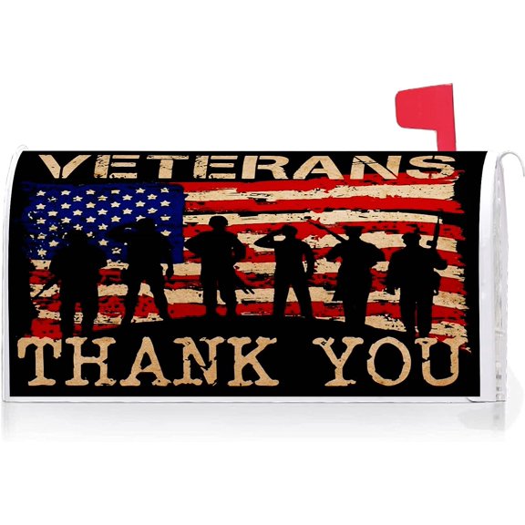 Veterans Thank You Patriotic American Independence Day Mailbox Cover With Magnetic Strip Memorial Day Mailbox Wraps Post Letter Box Cover Standard Size 21" X 18" for Garden Outdoor Yard Decor