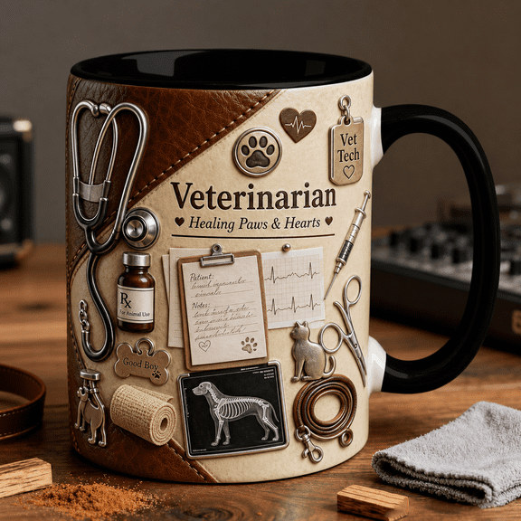 Veterinarian Mug 3D Effect Vet Tech Gift, Healing Paws & Hearts Coffee Cup