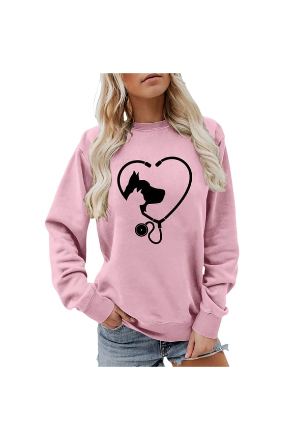 Veterinarian Sweatshirts Veterinary Medicine Cute Animal Graphic Printed Vet Tech Sweat Shirt Womens Pet Doctor Long Sleeve Drop Shoulder Cozy Pullover Tops as a Gift Pink S