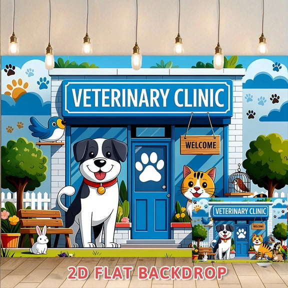 Veterinary Clinic Backdrop, Suitable for Pet Clinic Decoration, Pet Event Arrangement, Pet Photography Scene, Vivid Pet Pattern Design, 2D Flat Background Banner for Pet Related Occasions