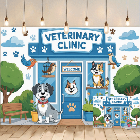 Veterinary Clinic Cartoon Backdrop Background for Photo Banner