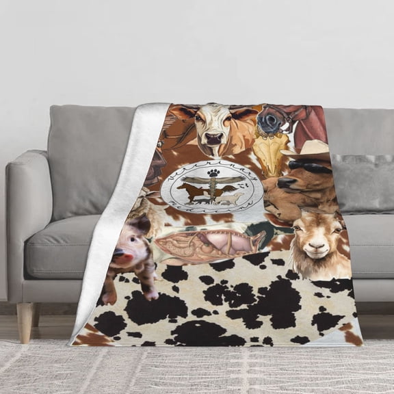 Veterinary Medicine Farm Animals Flannel Blanket, Cow Horse Pig Goat Veterinary Art 280g Soft Warm Throw Blanket for Couch Sofa Bed, Cute Cow Hide Print Plush Cozy Blanket Gift for Vet Tech