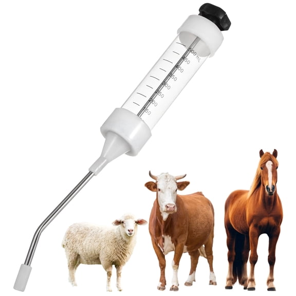 Veterinary Metal Feeding Gun, 500 ml Oral Drencher for Livestock, Long Handle Dosing Syringe with Curved Nozzle, Adjustable Dose Injector for Cattle Pigs Sheep Horses