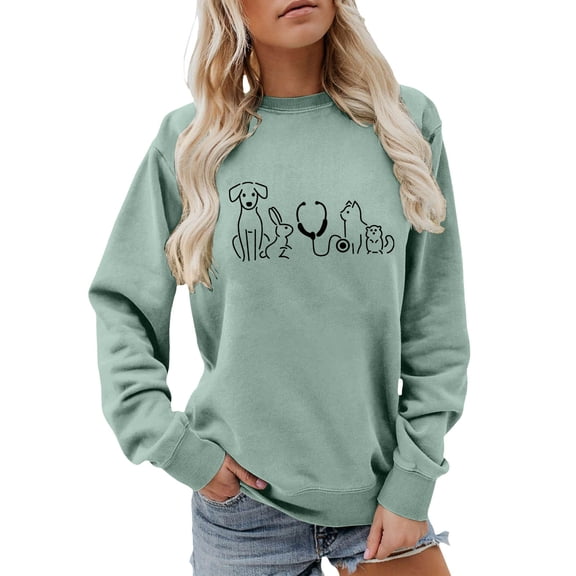 Veterinary Technician Sweatshirts for Women Cute Animal Vet Tech Crewneck Pullover for Veterinary Student Long Sleeve Drop Shoulder Workout Hoodless Tops 1-Light Green XL
