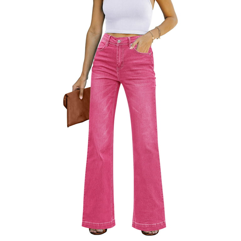 Vetinee Classic Bell Bottom Jeans for Women Sexy High Waisted Retro Wide Leg Baggy Jeans Hot Pink Size XL Size 16 Size 18, Women's