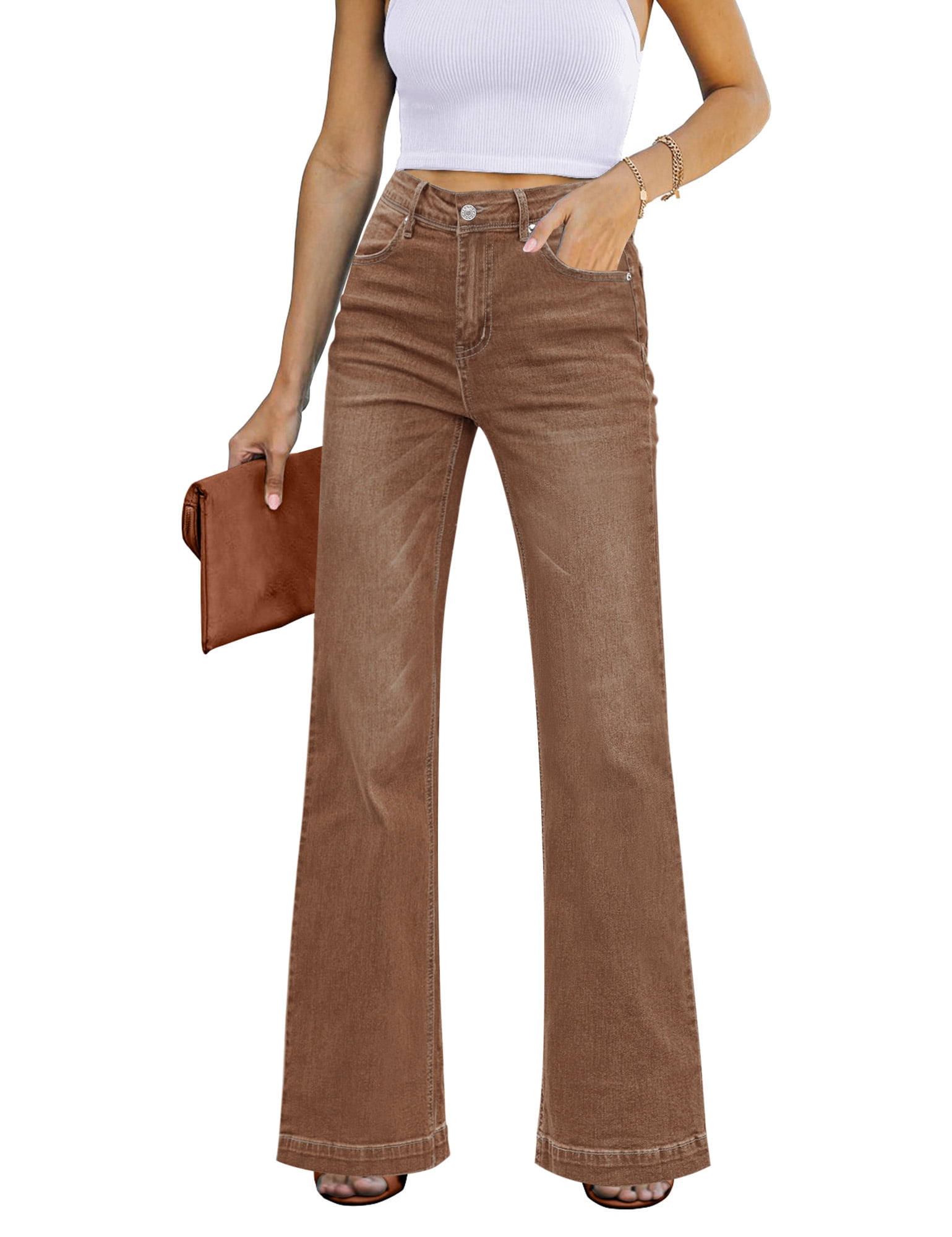 Vetinee Wide Leg Jeans for Women Summer Fall Casual Fitted High Waisted  Stretch Denim Pants Size M Size 8 Size 10 Pecan Brown