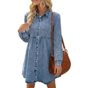 Vetinee Women's Babydoll Tiered Long Sleeve Button Down Jean Shirt Dress Above Knee Length A-line Dress Sizes XS-2XL