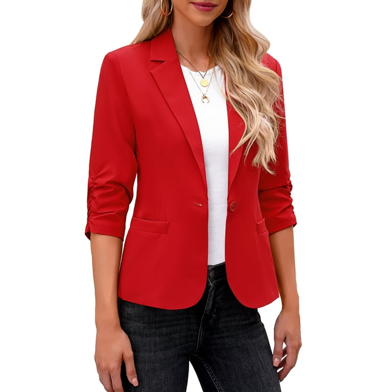 Vetinee Women's Button Down Crop Sleeves Business Casual Blazers Point  Collar Jacket True Red Size L Size 12 Size 14