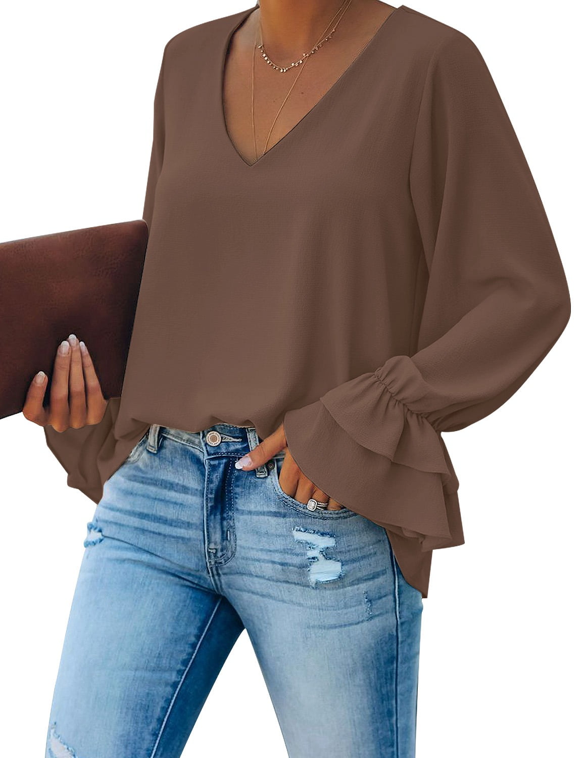 Vetinee Women s Casual Long Flowy Sleeve Tops V Neck Shirt Blouse