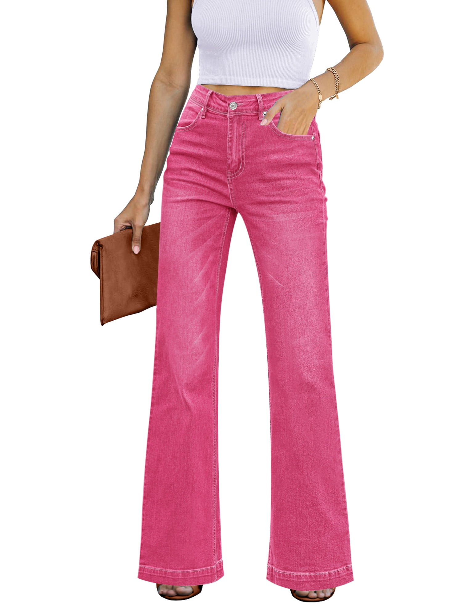 Vetinee Women's Chic Hot Pink Flare Jeans Classic Waisted Wide Leg Stretch Denim Jeans Size L Fit Size 12 Size 14 - Walmart.com
