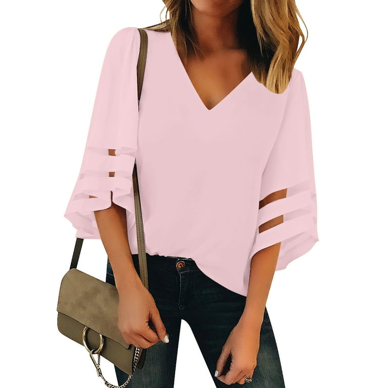 Size Lightweight Shirt Vetinee Flowy 3/4 Sleeve Shirts Light XL Bell Pink Blouse Women\'s