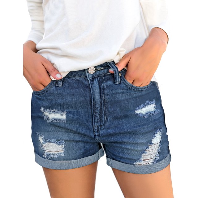 Vetinee Women's Stretchy Ripped Denim Shorts Summer Casual High Rise