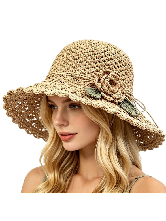 Women's Crochet Straw Sun Hat, Floral Decor Wide Brim Fashion Summer Hat, Lightweight Foldable Sun Shade Cap for Women Beach Travel Pool Outdoor Casual Wear,Khaki