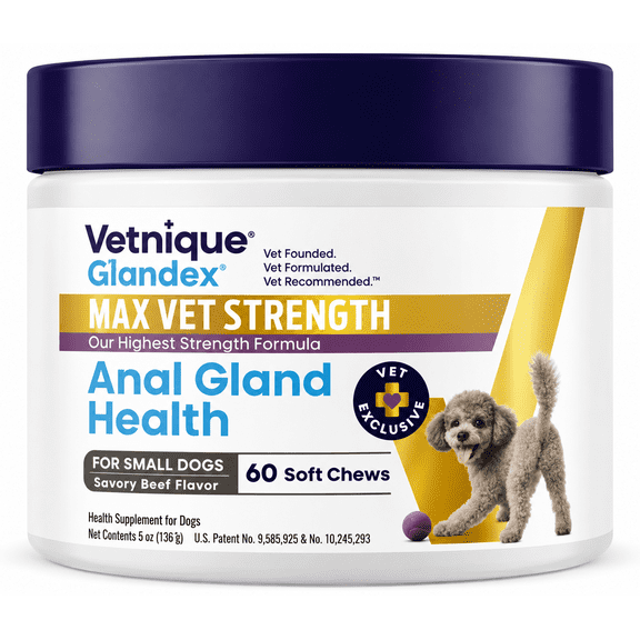 Vetnique Glandex Max Vet Strength Anal Gland Chews for Small Dogs, Savory Beef Flavor, 60 Count