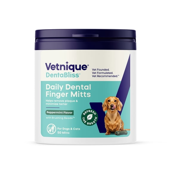 Vetnique DentaBliss Dog Dental Wipes Finger Mitts, Peppermint Flavor for Dogs & Cats, 50ct