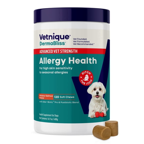 Vetnique DermaBliss Advanced Vet Strength Allergy & Itch Relief Soft Chews for Dogs with Probiotics and Omega 3 Blend, 120 count
