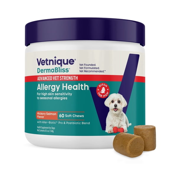 Vetnique Labs Dermabliss Advanced Vet Strength Allergy Health Soft Chews for Dogs, Hickory Salmon Flavor, 60 count