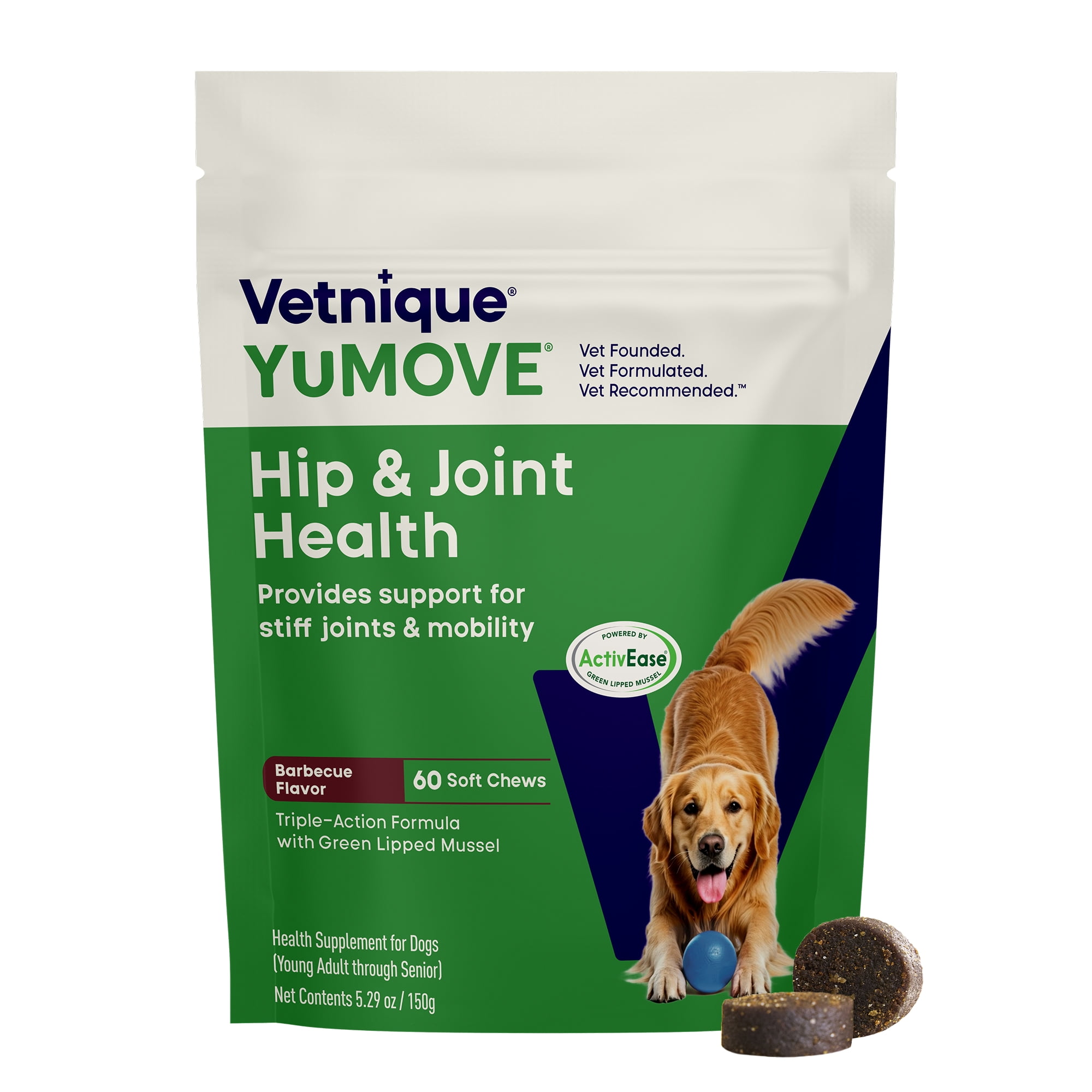 Vetnique Labs YuMOVE Hip & Joint Soft Chews, Barbecue Flavored, Supplements for Adult Dogs, 60 Count