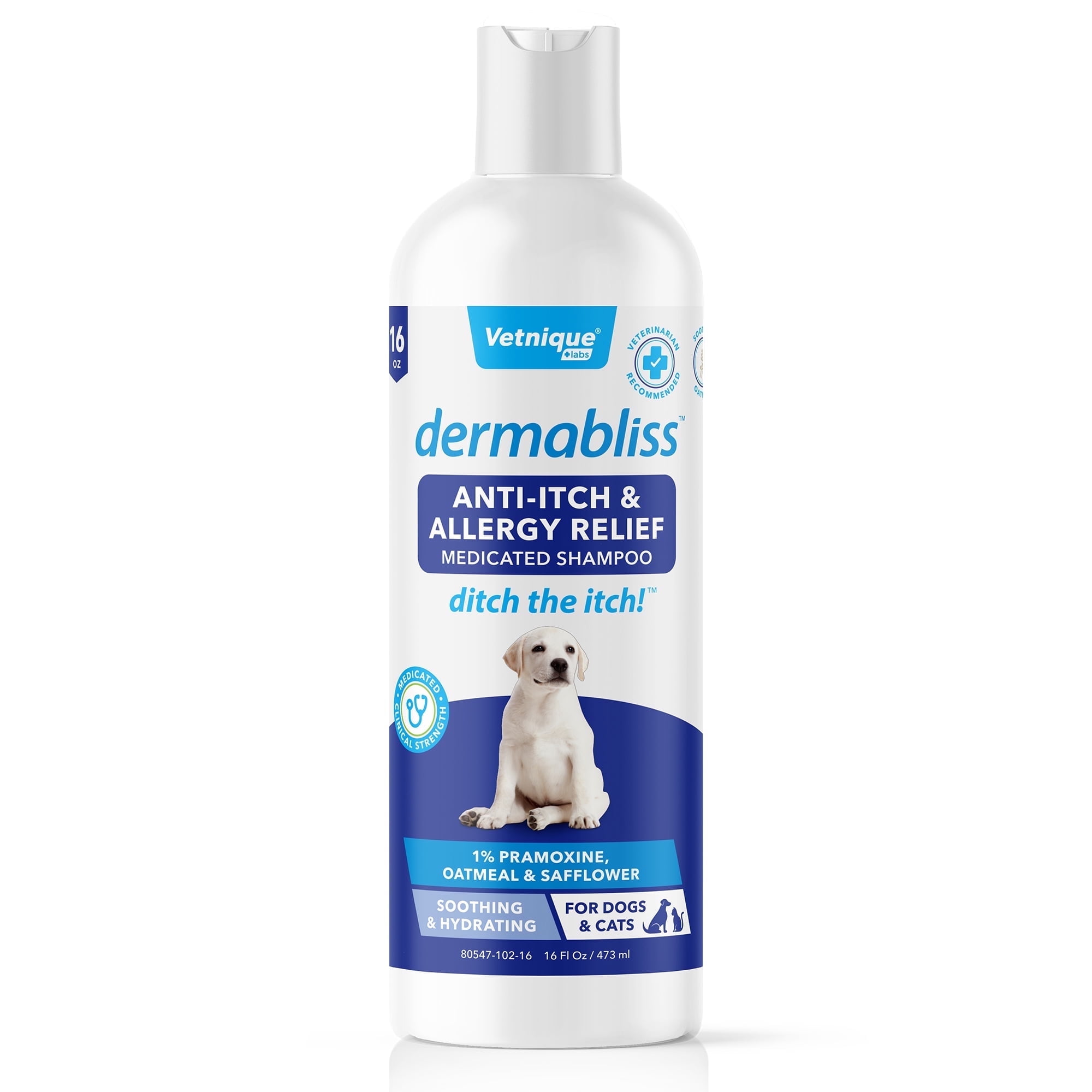 Vetnique Labs Dermabliss Anti-Itch & Allergy Relief Medicated Shampoo, for Dogs & Cats, Oatmeal & Safflower Scent, 16 oz