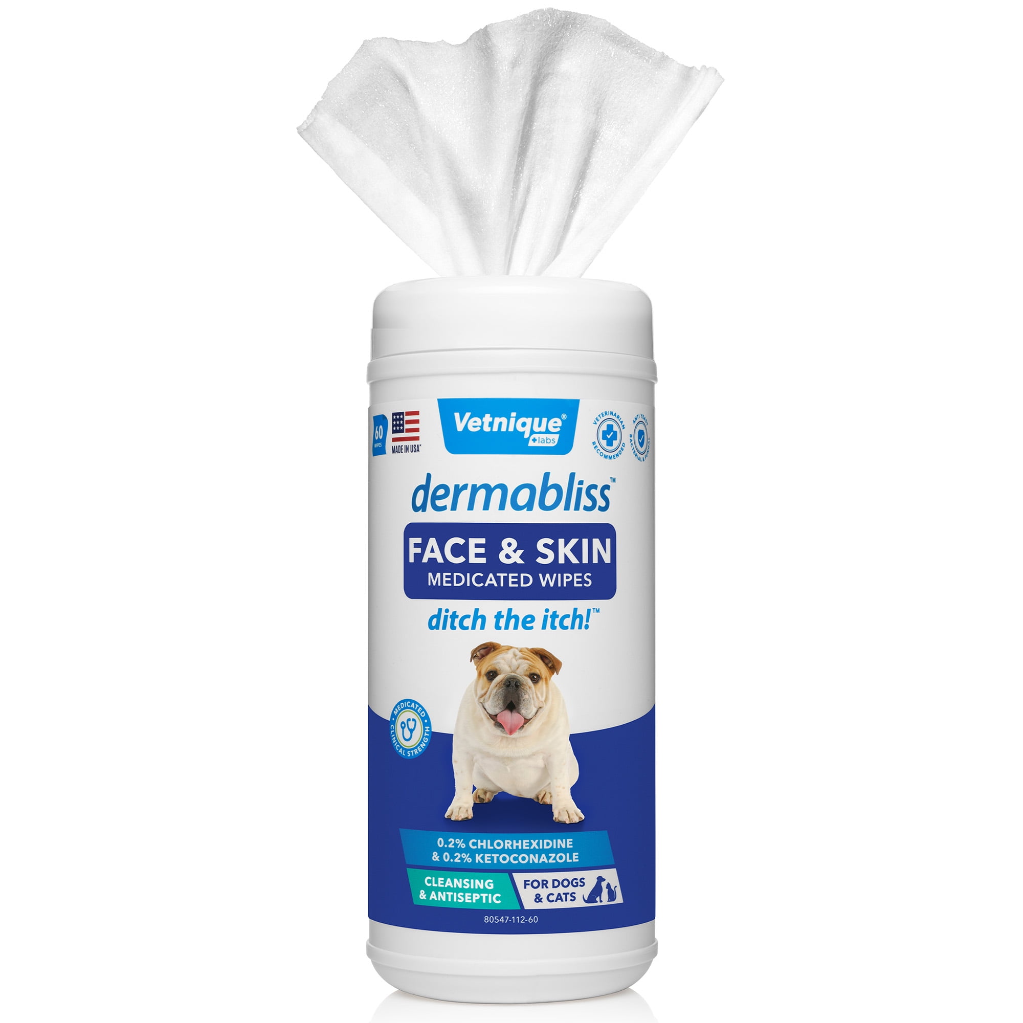 Vetnique Labs Dermabliss Medicated Face Fold/Wrinkle Wipe for Dogs